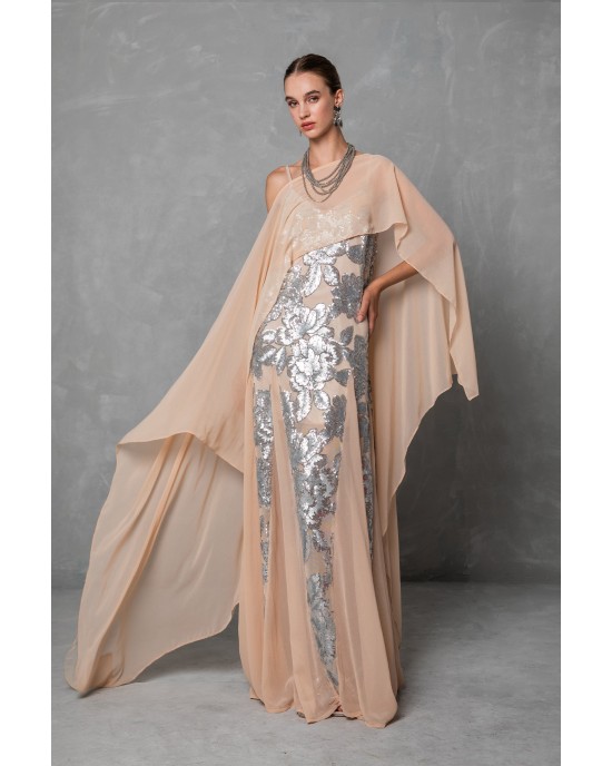 Mya Collection Daria Beige Cape & Maxi Φόρεμα