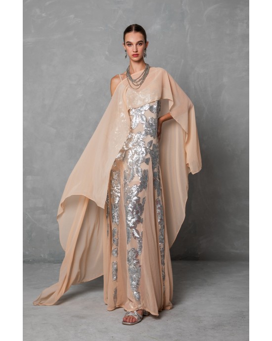 Mya Collection Daria Beige Cape & Maxi Φόρεμα