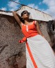 Maeda Striped Orange Midi Φόρεμα