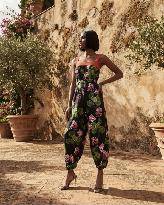 Maeda Black Floral Printed Ολόσωμη Φόρμα
