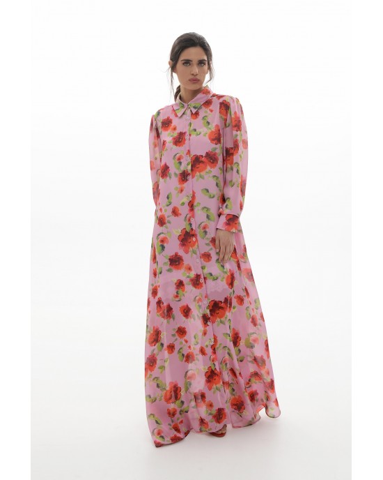 Mamoush Ilektra Pink Roses Long Φόρεμα