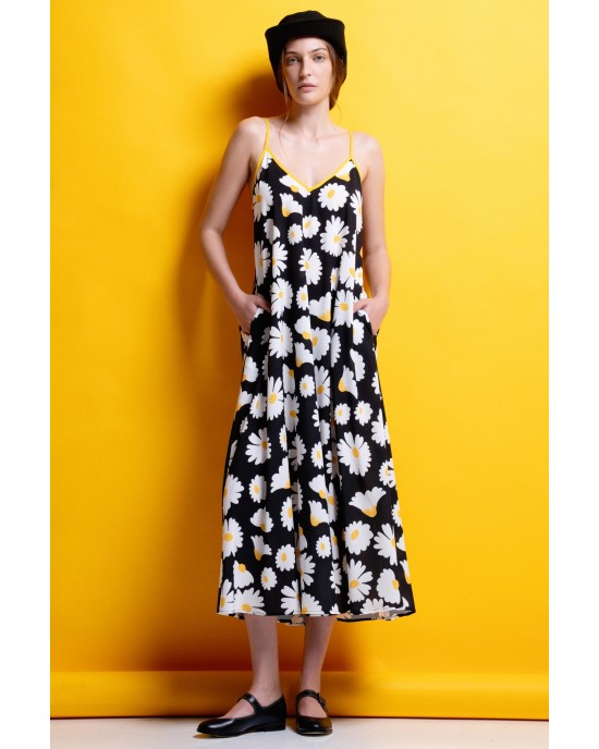 Mamoush Alma Daisies Black Midi Φόρεμα