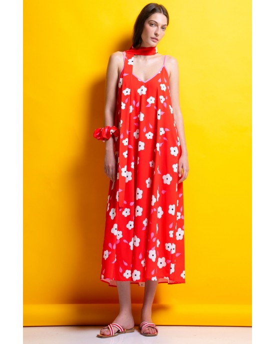 Mamoush Alma Red Daisies Midi Φόρεμα