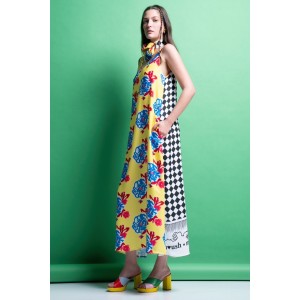 Mamoush Tina Yellow Δίχρωμο Φόρεμα Με Κάρο Πλάτη