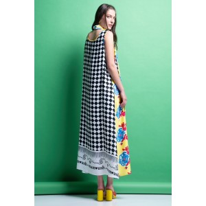 Mamoush Tina Yellow Δίχρωμο Φόρεμα Με Κάρο Πλάτη