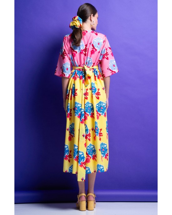 Mamoush Lolita Pink/Yellow Midi Δίχρωμο Φόρεμα