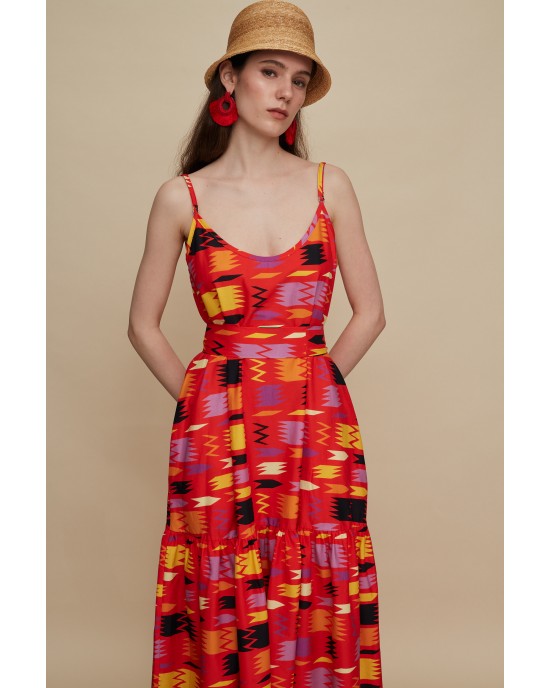 Melitta Lasithi Patania Red Print Maxi Φόρεμα Melitta Lasithi Patania Red Print Maxi Φόρεμα
