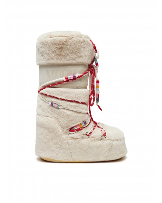 Moon Boot Icon Faux Fur Beads Cream Μπότες Χιονιού