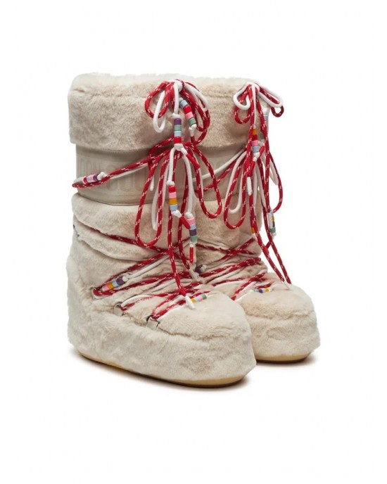 Moon Boot Icon Faux Fur Beads Cream Μπότες Χιονιού