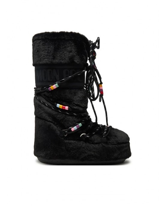 Moon Boot Icon Faux Fur Beads Black Μπότες Χιονιού