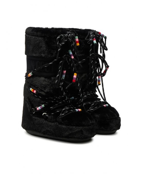 Moon Boot Icon Faux Fur Beads Black Μπότες Χιονιού