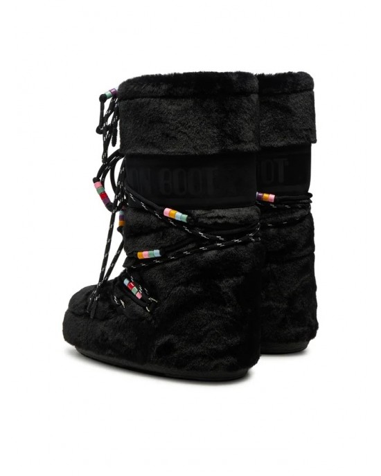 Moon Boot Icon Faux Fur Beads Black Μπότες Χιονιού