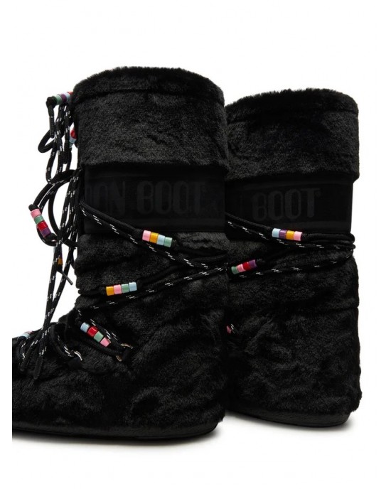 Moon Boot Icon Faux Fur Beads Black Μπότες Χιονιού