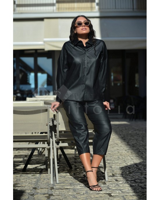 Moutaki Black Faux Leather Comfort Πουκάμισο