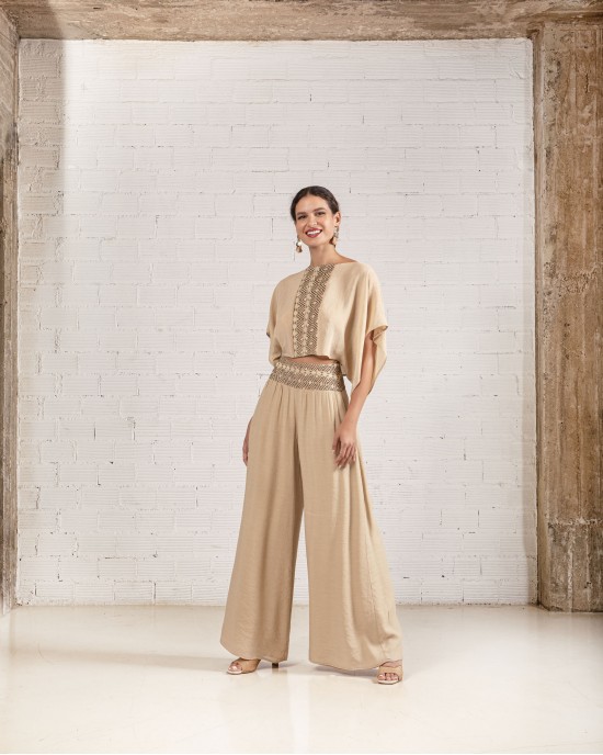 Moutaki Tunic & High Waist Wide Leg Beige Παντελόνι