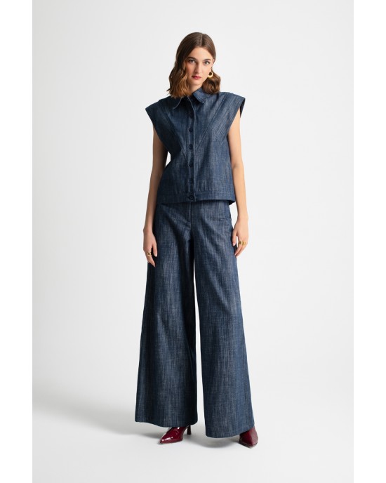 Moutaki Denim Αμάνικο Πουκάμισο & Wide Παντελόνι