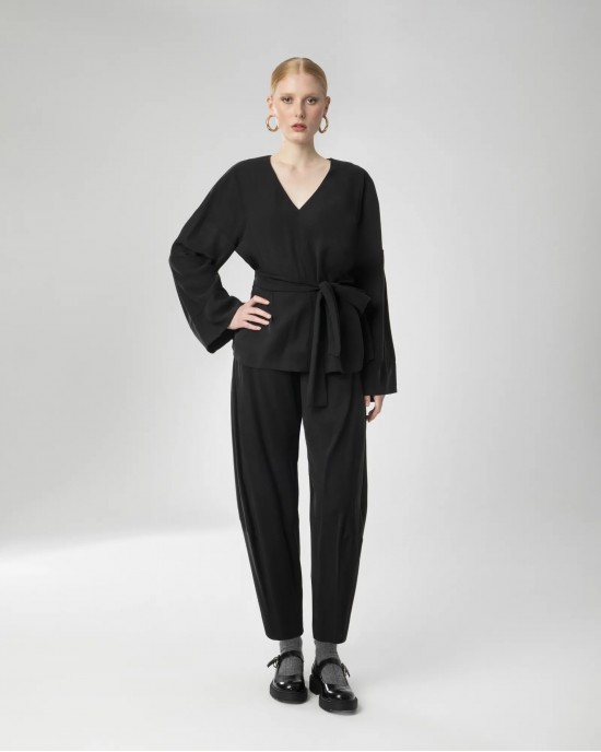 Moutaki V-Neck Tunic Belted Black Μπλούζα