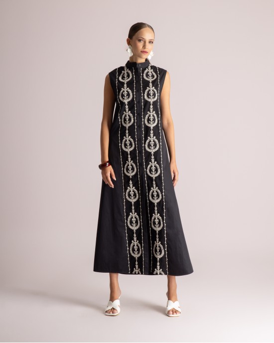 Moutaki Ethnic Embroidered Sleeveless Shirtdress Maxi Black Φόρεμα