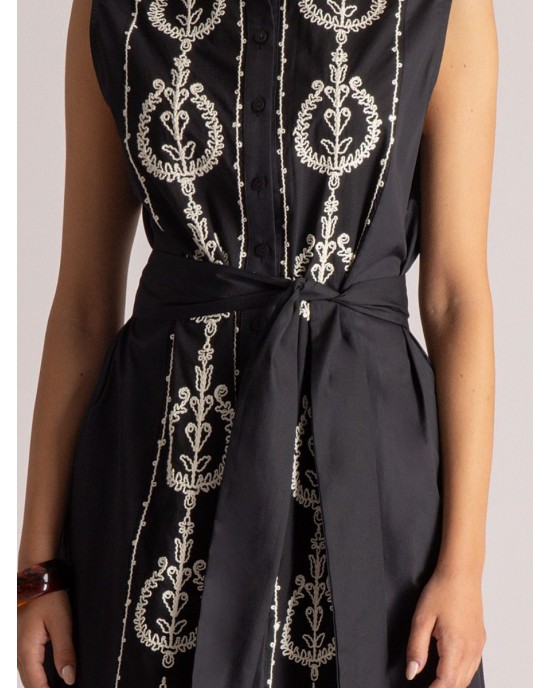 Moutaki Ethnic Embroidered Sleeveless Shirtdress Maxi Black Φόρεμα