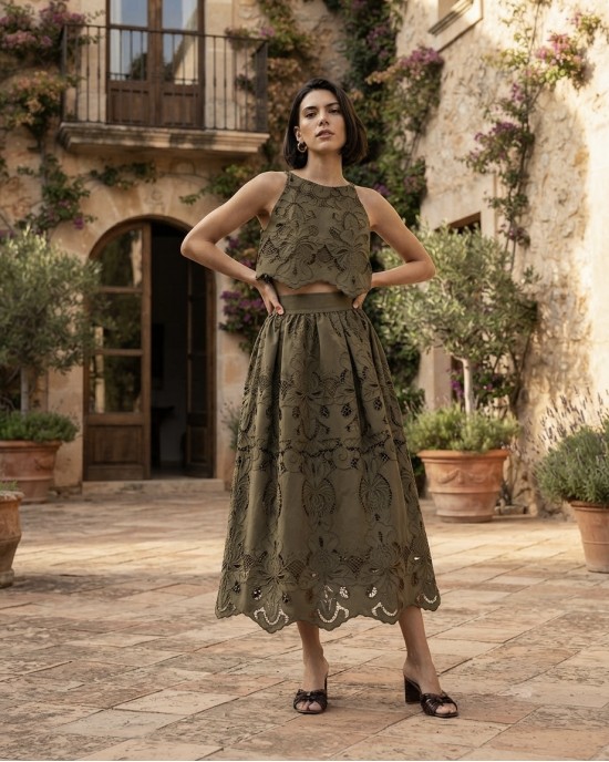 Moutaki Broderie Khaki Set Crop Top & Midi Φούστα