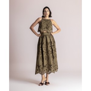 Moutaki Broderie Khaki Set Crop Top & Midi Φούστα