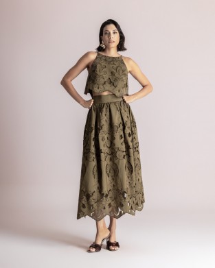 Moutaki Broderie Khaki Set Crop Top & Midi Φούστα