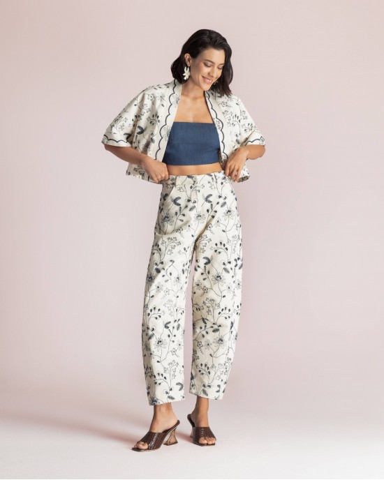 Moutaki Embroidered Denim Set Cropped Kimono & Slouchy Παντελόνι