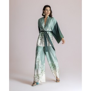 Moutaki Satin Green Print Kimono & Παντελόνα