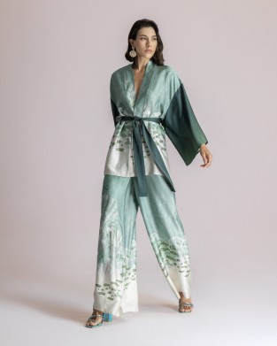 Moutaki Satin Green Print Kimono & Παντελόνα