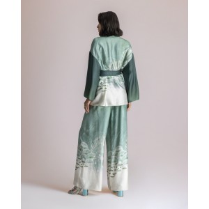 Moutaki Satin Green Print Kimono & Παντελόνα