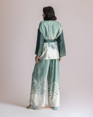 Moutaki Satin Green Print Kimono & Παντελόνα
