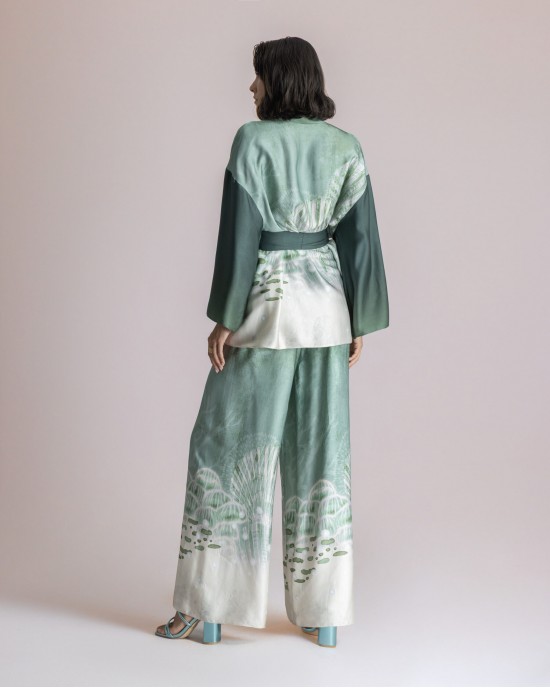 Moutaki Satin Green Print Kimono & Παντελόνα