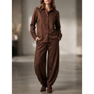 Moutaki Suede Total Look Brown Πουκάμισο & Slouchy Παντελόνι