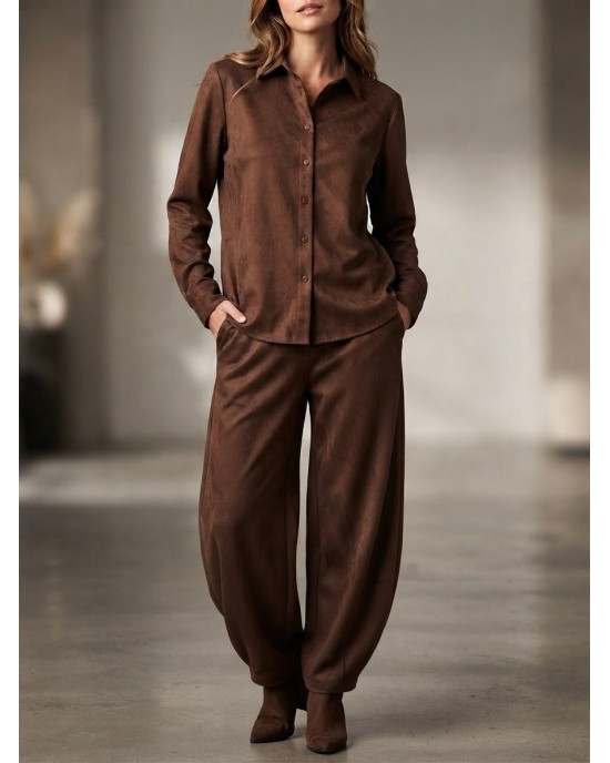 Moutaki Suede Total Look Brown Πουκάμισο & Slouchy Παντελόνι