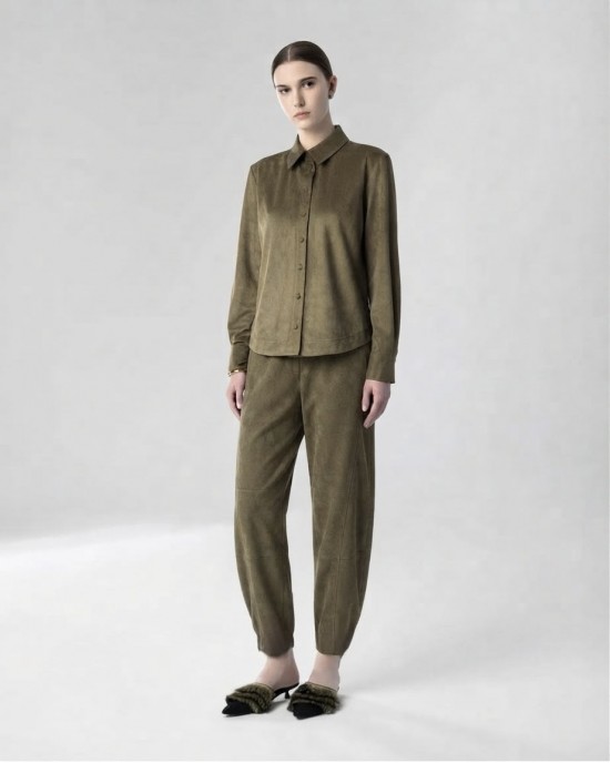 Moutaki Suede Total Look Chaki Πουκάμισο & Slouchy Παντελόνι