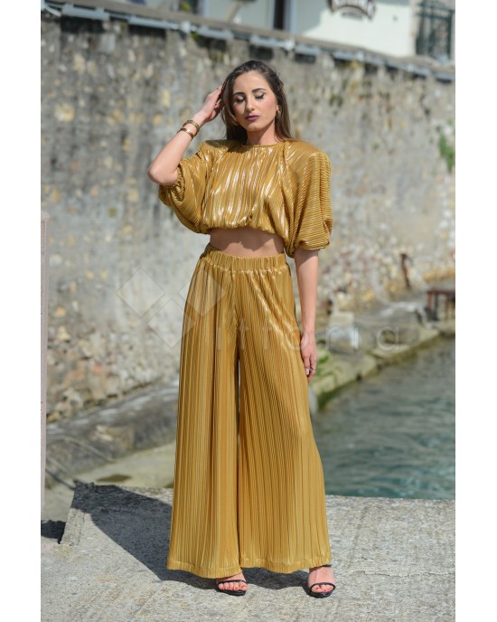 Nazezhda Plisse Set Crop Top & Παντελόνι Gold