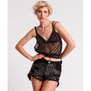 Oneteaspoon Hand Embellished Le Wolves Black Τζιν Σορτς