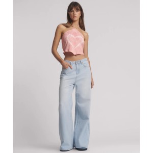 Oneteaspoon Love Machines Mid Waist Super Wide Leg Blue Heart Denim Παντελόνι
