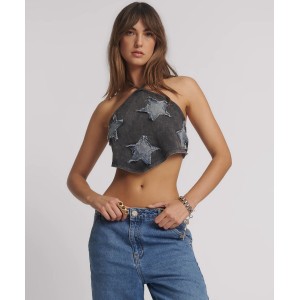 Oneteaspoon Applique Star Halter Washed Black Crop Top Μπλούζα