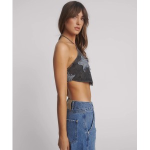 Oneteaspoon Applique Star Halter Washed Black Crop Top Μπλούζα