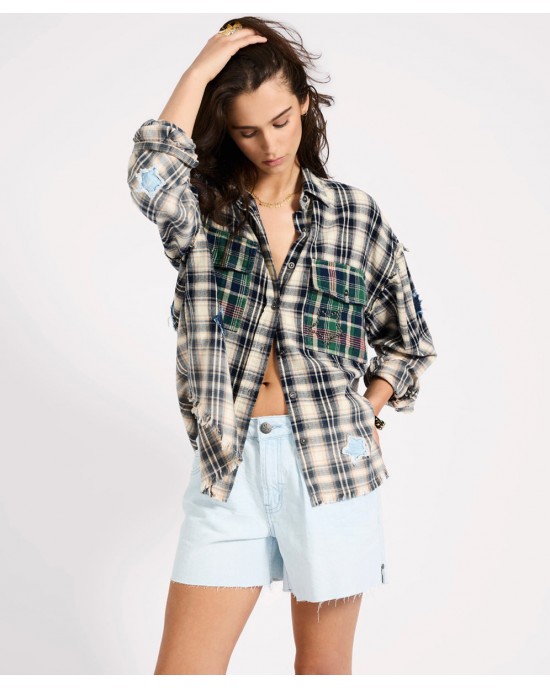 Oneteaspoon Flannel Star Studded Cream Blue Check Πουκάμισο Oneteaspoon Flannel Star Studded Cream Blue Check Πουκάμισο