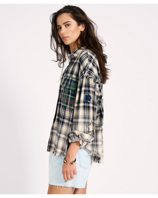 Oneteaspoon Flannel Star Studded Cream Blue Check Πουκάμισο Oneteaspoon Flannel Star Studded Cream Blue Check Πουκάμισο