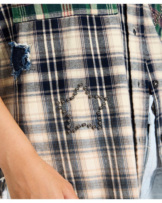 Oneteaspoon Flannel Star Studded Cream Blue Check Πουκάμισο Oneteaspoon Flannel Star Studded Cream Blue Check Πουκάμισο