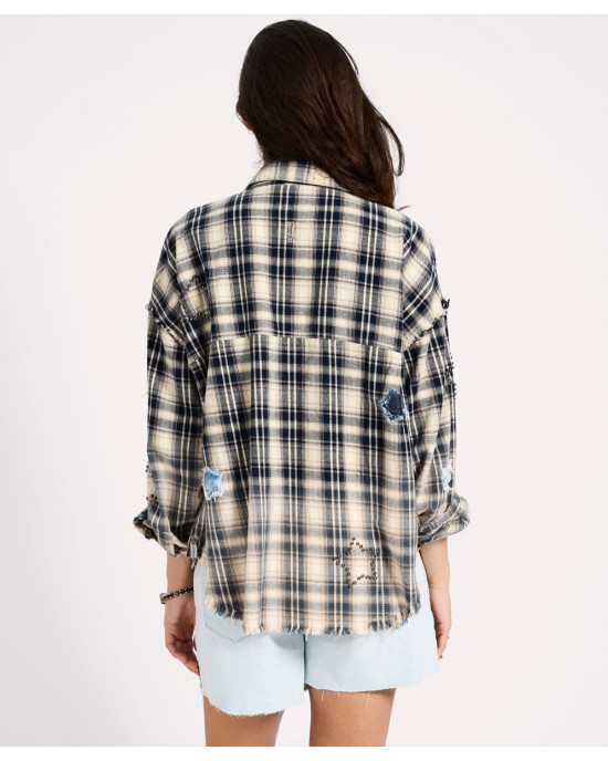 Oneteaspoon Flannel Star Studded Cream Blue Check Πουκάμισο Oneteaspoon Flannel Star Studded Cream Blue Check Πουκάμισο