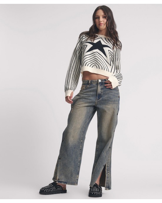 Oneteaspoon Billie Mid Waist Long Rise Straight Leg Denim Jeans Old Blue Παντελόνι
