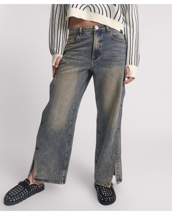 Oneteaspoon Billie Mid Waist Long Rise Straight Leg Denim Jeans Old Blue Παντελόνι