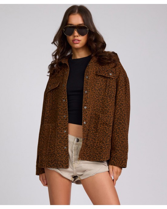 Oneteaspoon Longline Denim Jacket Cheetah Print Τζάκετ