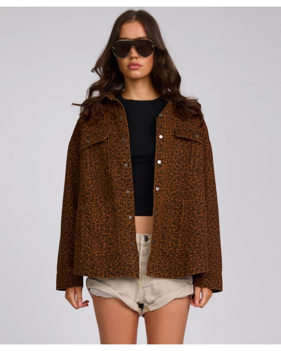 Oneteaspoon Longline Denim Jacket Cheetah Print Τζάκετ