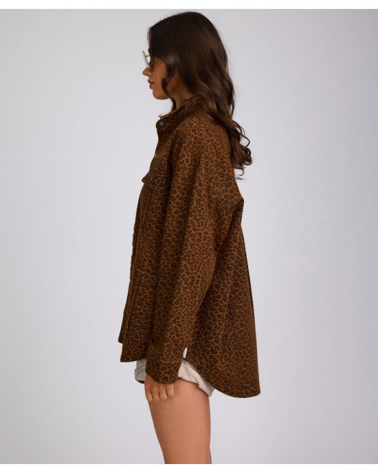 Oneteaspoon Longline Denim Jacket Cheetah Print Τζάκετ