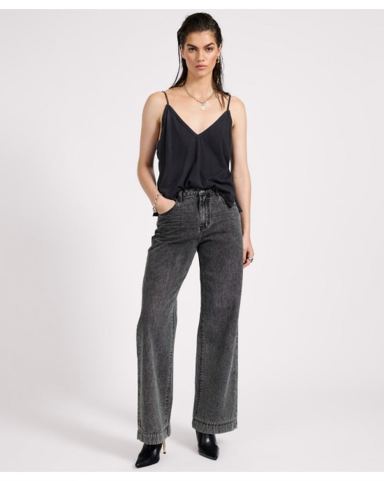 Oneteaspoon Jackson Mid Waist Wide Leg Denim Jeans Worn Black Παντελόνι Oneteaspoon Jackson Mid Waist Wide Leg Denim Jeans Worn Black Παντελόνι